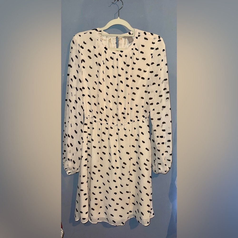 H&M Cream & Black Polka Dot Long Sleeve Dress | Size Small | Flowy Mini Dress